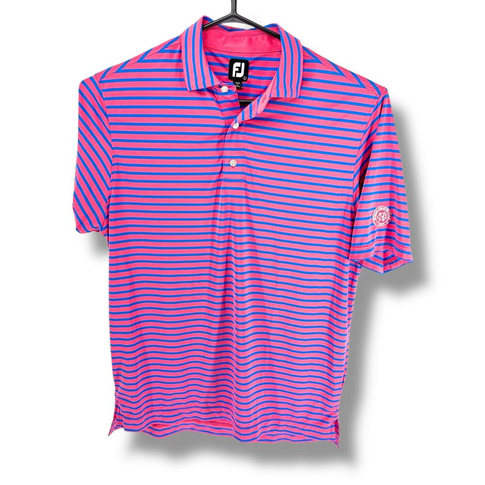 FootJoy Golf Polo Men's L Pink Blue Stripe Newark Country Club Logo
